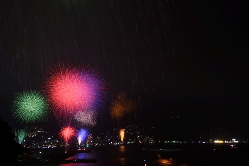 夏の夜空を華やかに彩る花火＝新井（１０日午後８時５分ごろ撮影）